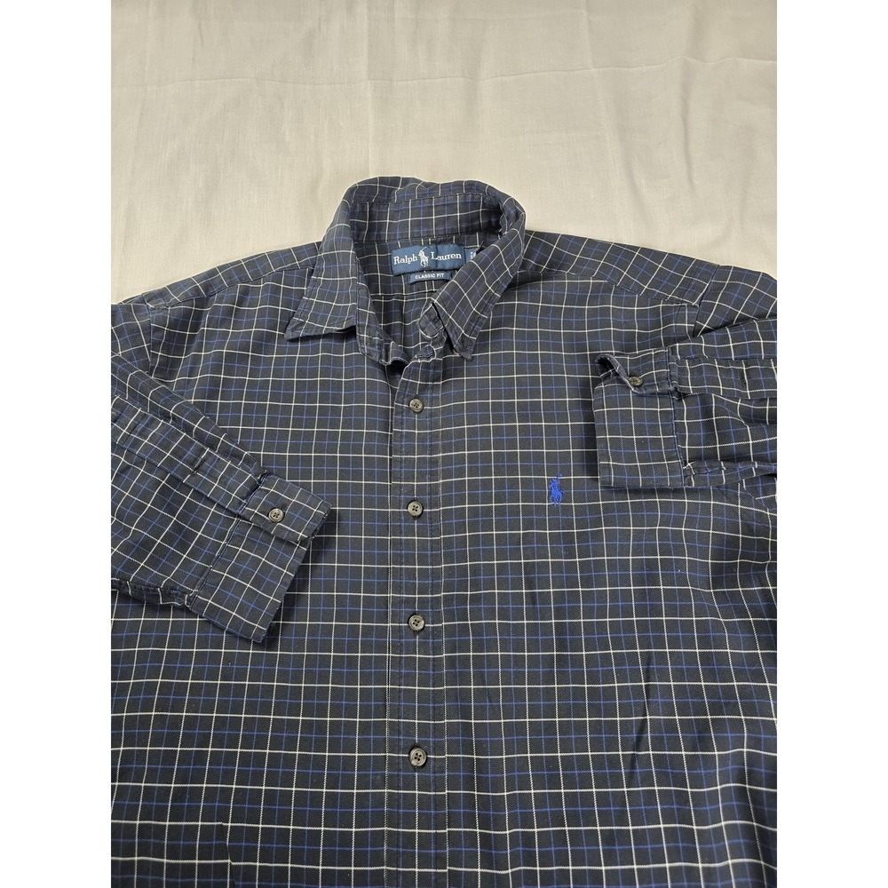 Ralph Lauren Shirt Mens Large Blue Check Button Down Long Sleeve‎ Pony Logo